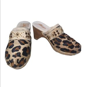 Bridget Shuster Leather Pony Hair Leopard Print Crystal Embellished Clog…